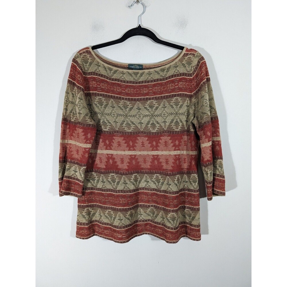 Lauren by‎ Ralph Lauren Red Tan Southwest Aztec Linen Cotton Knit Sweater Size L